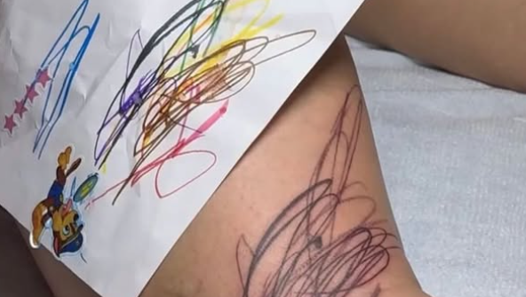 Rihanna turns her kids’ doodle into new leg tattoo