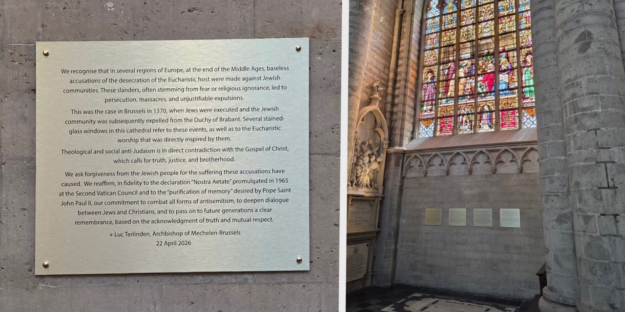 Brussels cathedral installs plaques apologizing for medieval antisemitic persecution depicted in stained glass