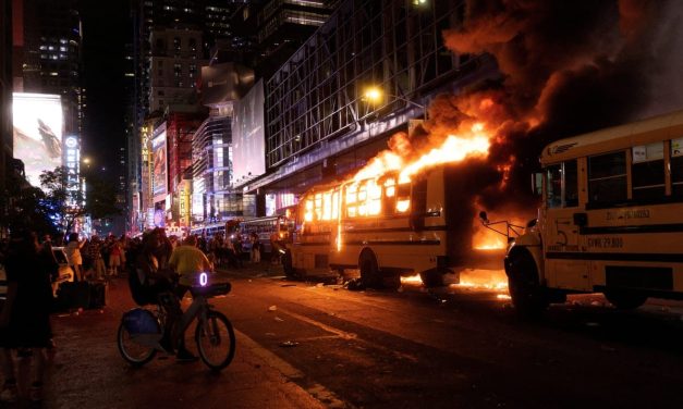 World Cup bus set alight as chaotic celebrations erupt in Manhattan after Knicks win NBA