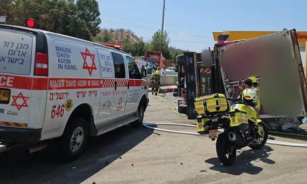 Truck plows into vehicles after overturning at gas station