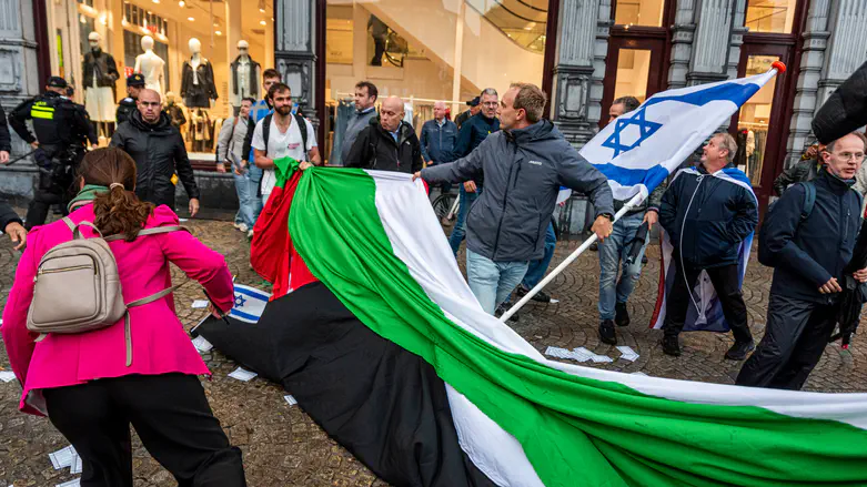 Protesters tear down PLO flag in Amsterdam